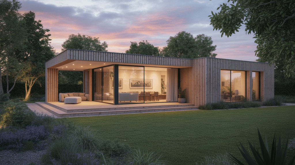 Maison avec extension bois naturel et grandes baies vitrées au coucher du soleil