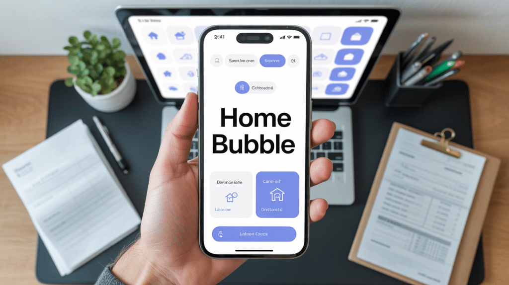 Interface application mobile Home Bubble sur bureau avec factures