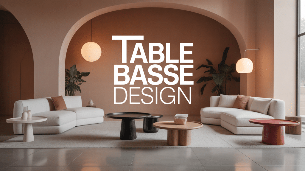 Salon moderne avec plusieurs tables basses design en bois, verre et marbre