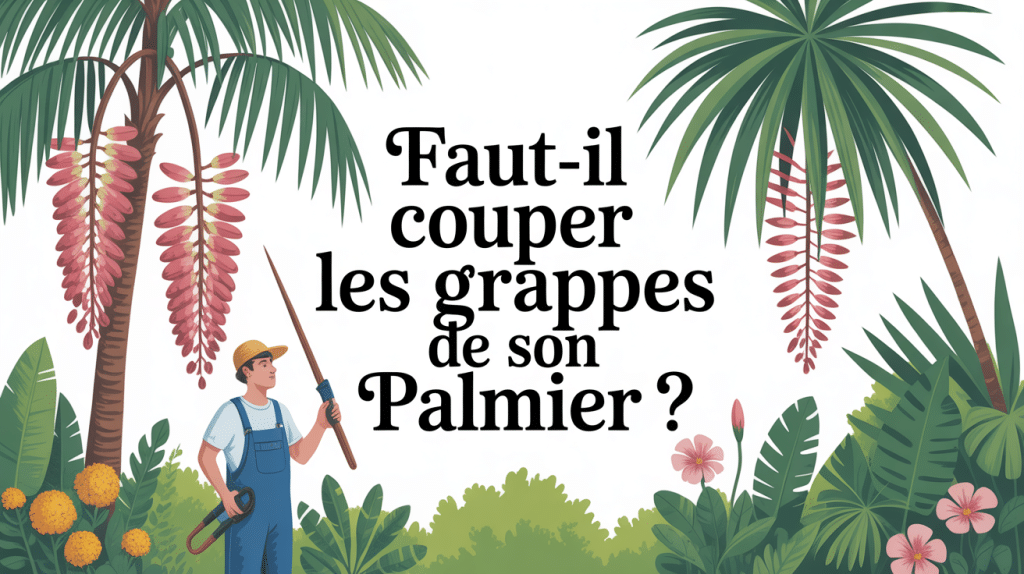 Palmier avec grappes et sécateur au jardin
