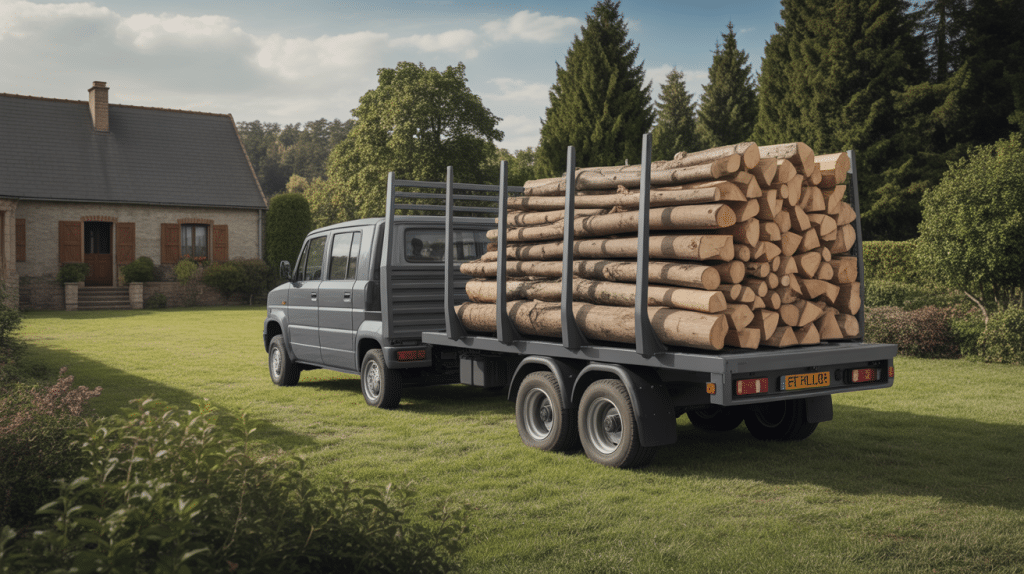 Semi-remorque déchargeant des buches de bois en 2m