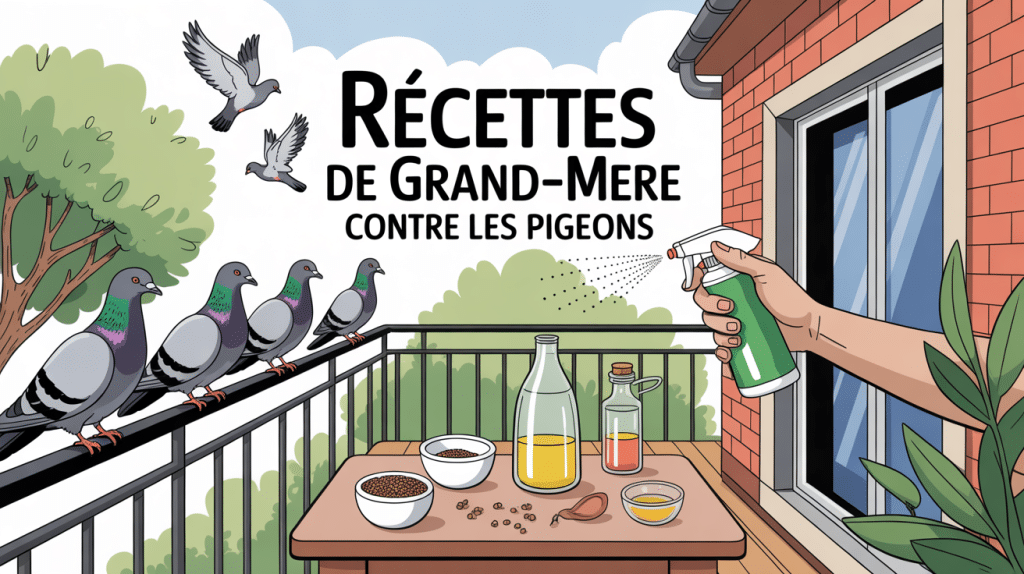 Balcon avec pigeons, spray et ingrédients naturels