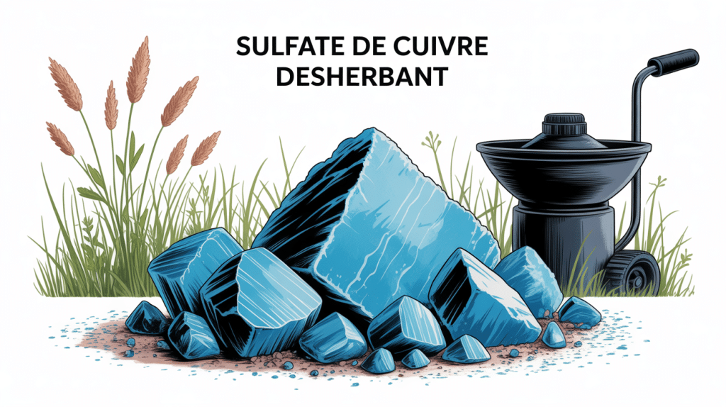 Cristaux bleus de sulfate de cuivre, mauvaises herbes, pulvérisateur