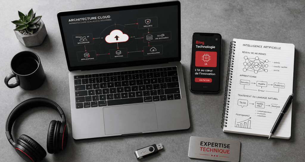 Bureau moderne avec blog technologie et outils innovation