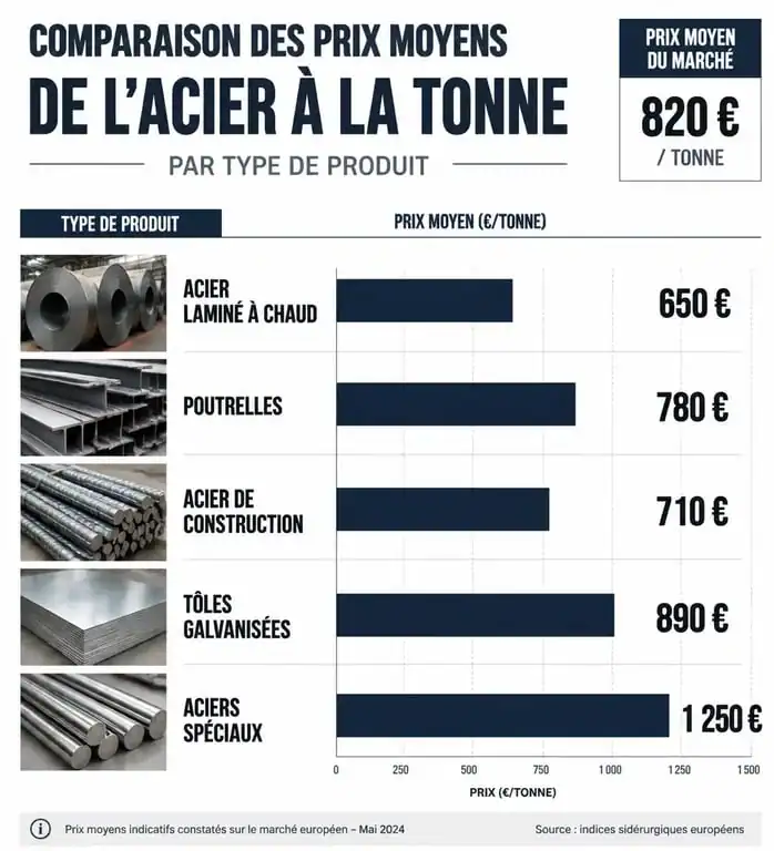 Comparatif des prix de l'acier à la tonne par type de produit