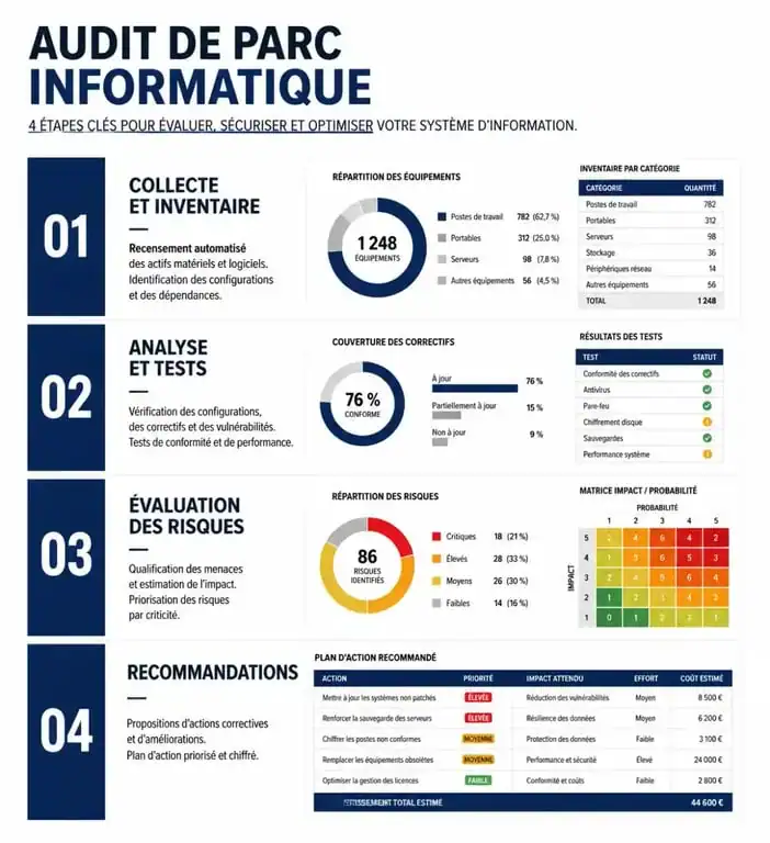 Infographie des 4 étapes clés d'un audit de parc informatique pour les entreprises