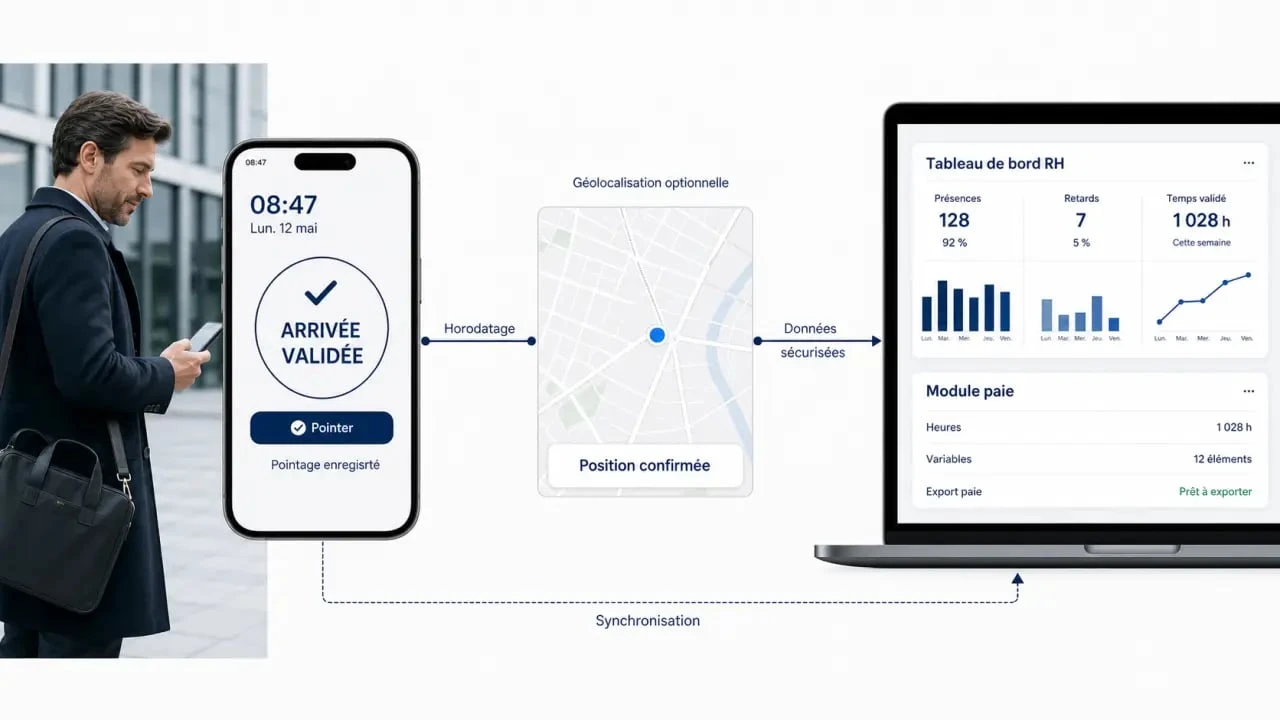 Illustration du fonctionnement d’une pointeuse mobile avec smartphone, tableau de bord RH et paie