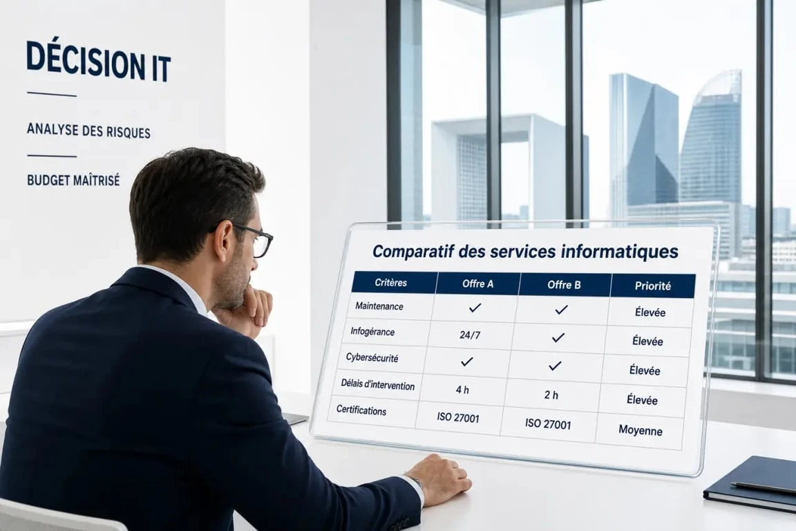 Entreprise informatique la Défense : décideur comparant maintenance, infogérance et cybersécurité dans un bureau professionnel