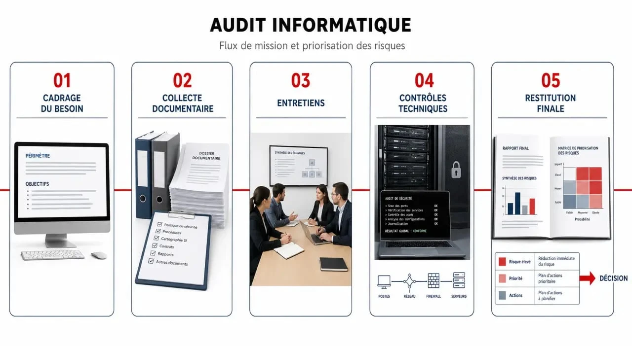 Audit informatique entreprise : schéma des étapes d’un audit et de la priorisation des risques