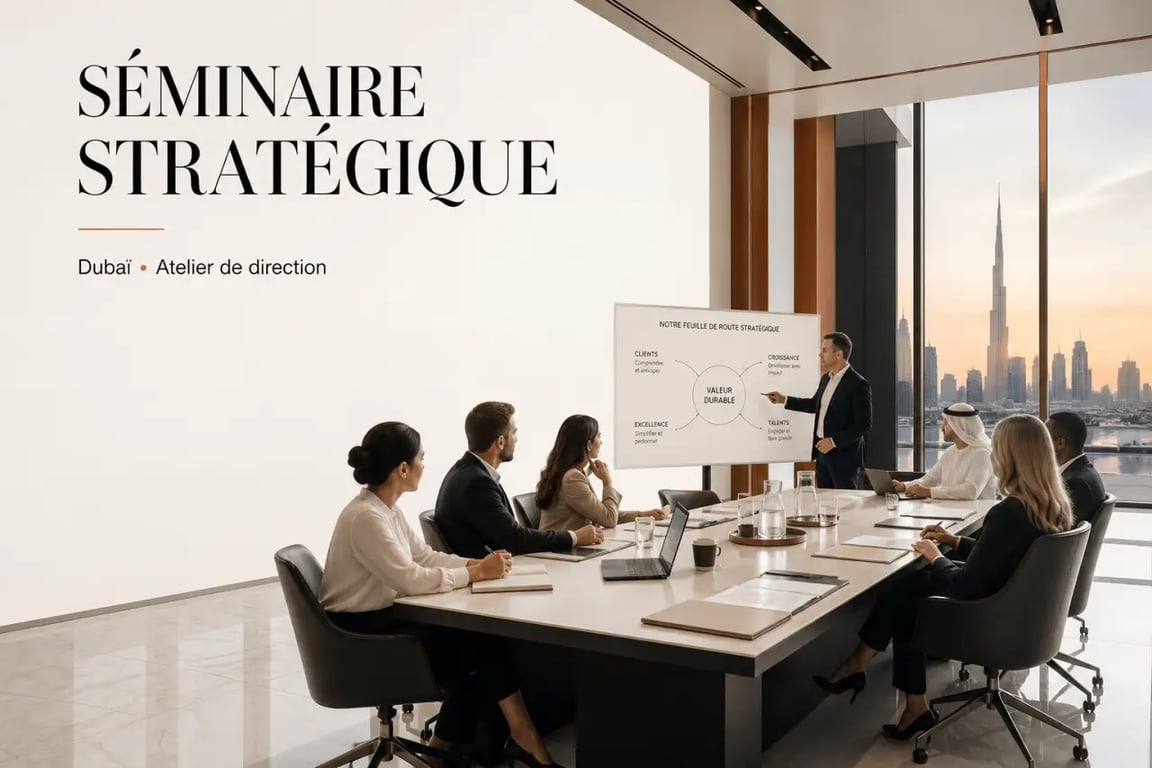 Organiser un séminaire d'entreprise stratégique à Dubaï en 2024 dans une salle de conférence haut de gamme avec skyline en arrière-plan