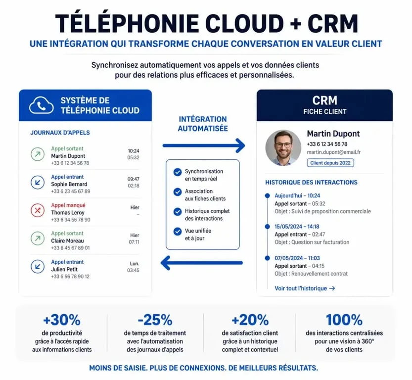 Schéma illustrant l'intégration entre la téléphonie pour votre équipe commerciale et le CRM