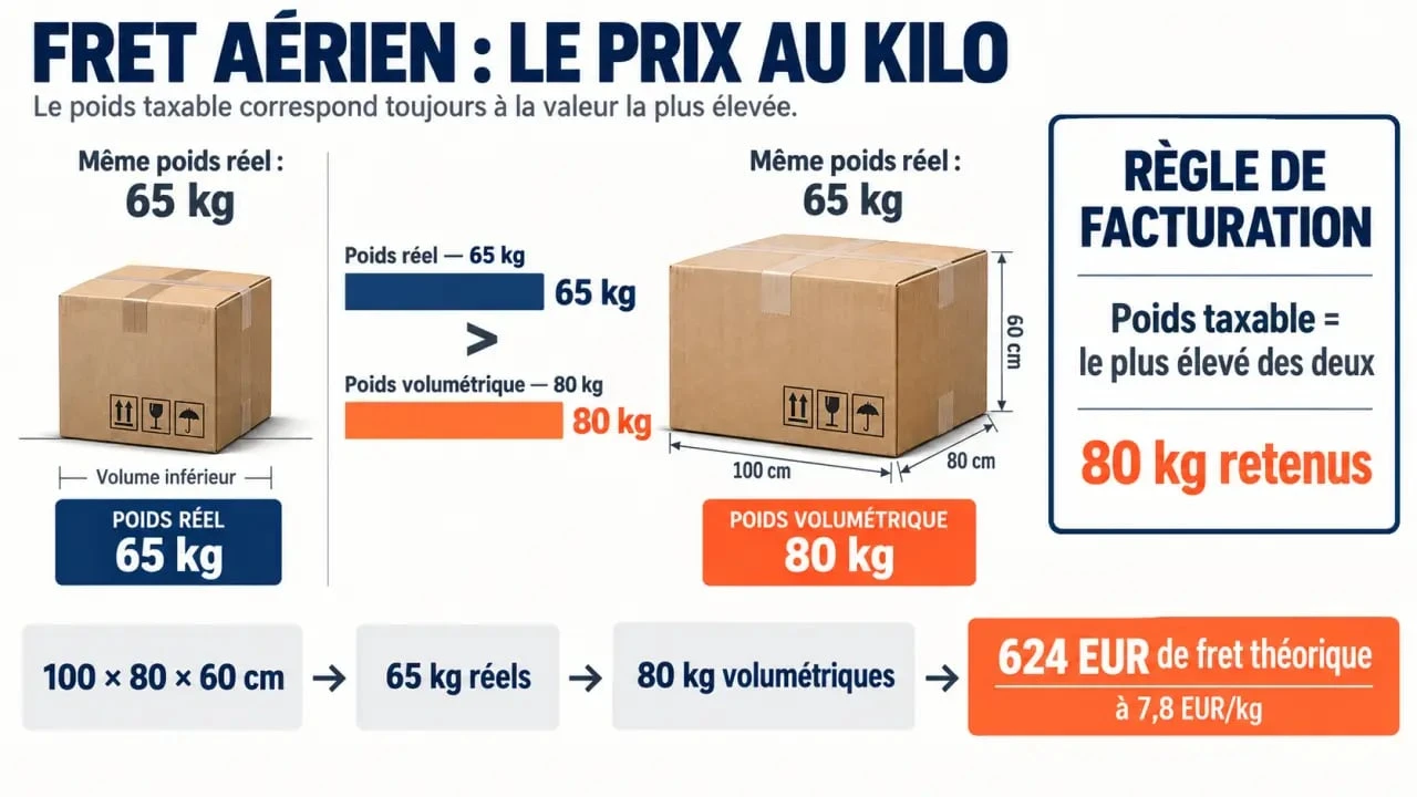 Infographie sur le fret aérien prix au kilo et le calcul du poids taxable réel ou volumétrique