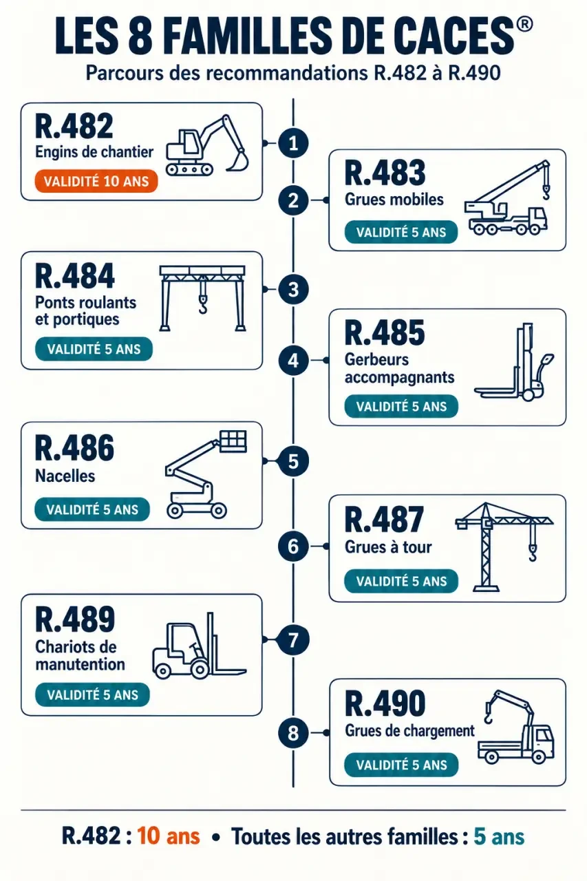 Liste des CACES® : infographie des huit familles et de leur durée de validité