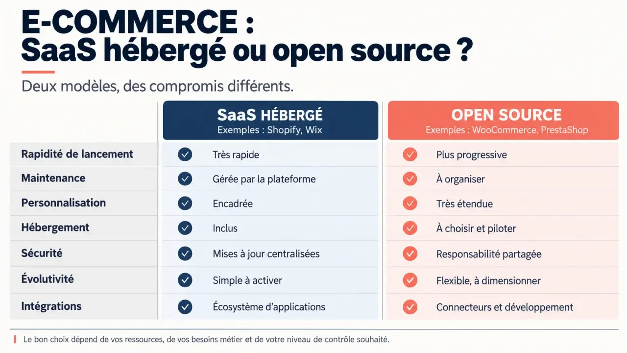 Solutions e-commerce : comparaison visuelle entre plateformes SaaS et open source